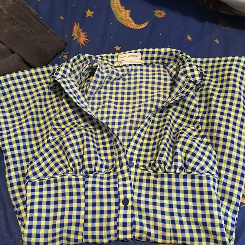 Urban Outfitters Blue Green Checked Mini Vneck Plunge Buttoned Fit Flare Dress